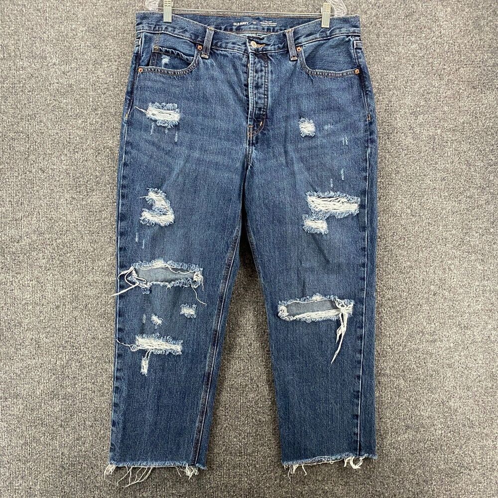 Old Navy‎ Jeans Womens 14 Blue Sloughy Straight High Rise Raw Hem Distressed
